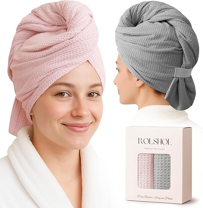 2 Pack Microfiber Hair Towel Wrap for Women, 32" x 11" Waffle Weave Hair Plopping Towel for Curly, Long & Thick Hair, Anti-Frizz Hair Turbans for Wet Hair (Pink, Grey)