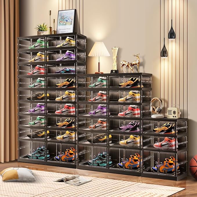 CIMLORD 6 Tier Foldable Shoe Rack for Closet Entryway 6-12 Pairs Stackable Clear Shoe Storage Boxes with Lids Shoes Shelf with Door Plastic Organizer Cabinet Easy Assembly Black