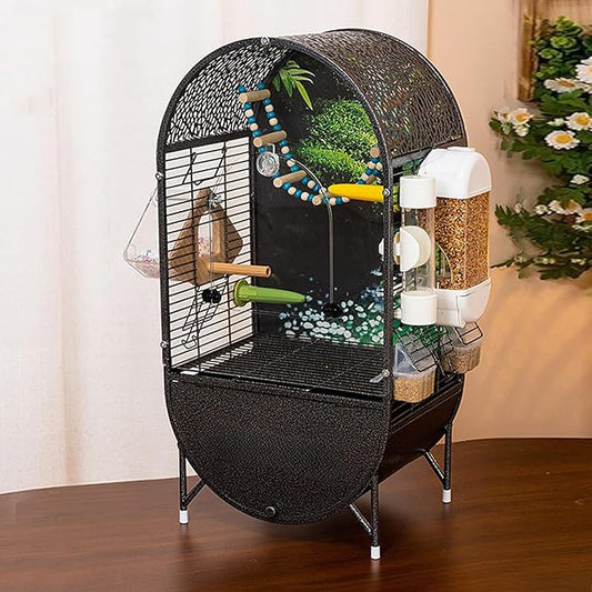 Dometop Bird Aviary with Transparent Door, Wrought Iron Bird Parrot Cage, Indoor Aviary for Small Parrots Parakeets Cockatiels (Black)