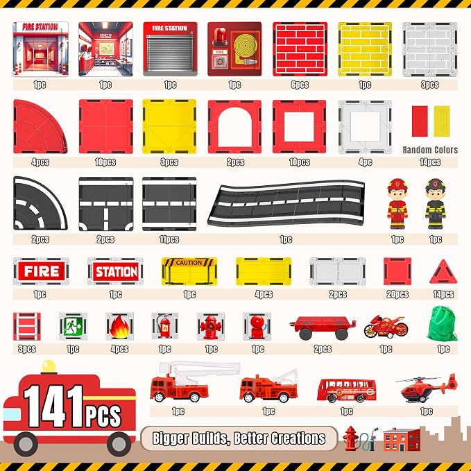 141PCS Magnetic Tiles for kids, Fire Rescue Theme Magnet Tiles with Fire Station & Fire Rescue Vehicles, STEM Magnetic Tiles for Kids Ages 4-8, Preschool Educational Building Toys for Boys & Girls