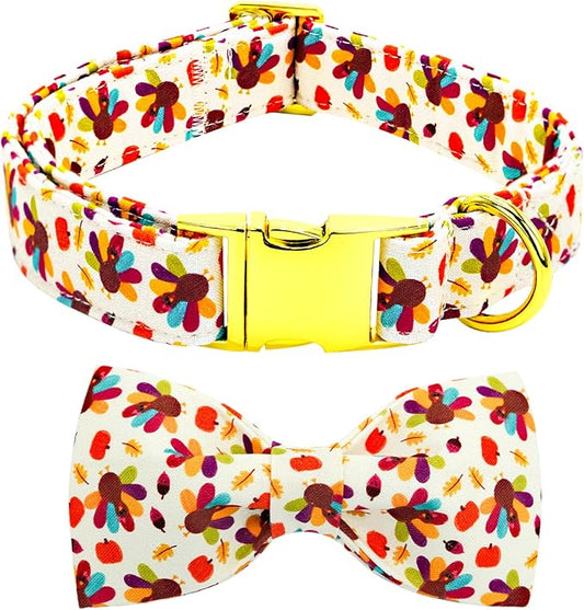 Thanksgiving Dog Collar, Turkey Dogs Collars Bow Tie Pet Collar Adjustable Pet Collars Premium Metal Buckle Autumn Leaf Necklace for X-Large Dogs