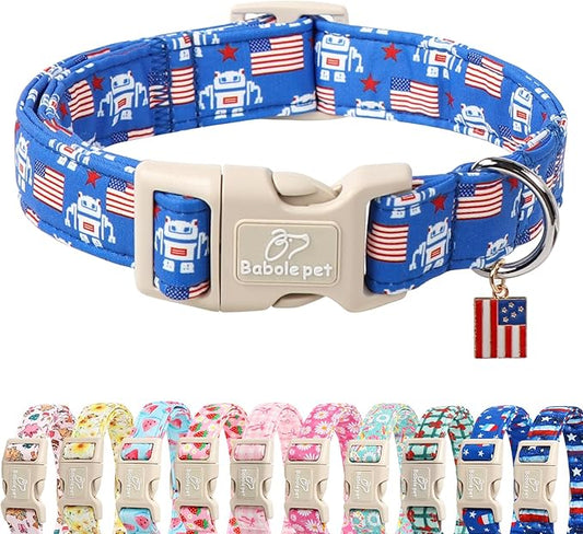 4th of July Dog Collar, Robot Star-Spangled Patriotic Dog Collars for Large Dogs, Adjustable Lightweight Quick-Release Buckle Collar for Boy&Girl Dogs L