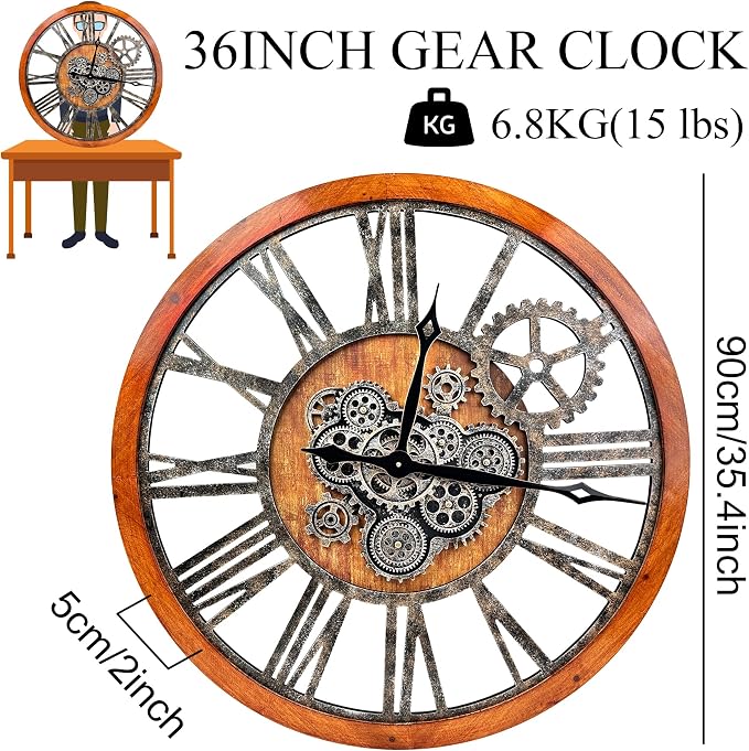 The B-Style 36" Large Moving Gear Wall Clock Oversized Vintage Farmhouse Wall