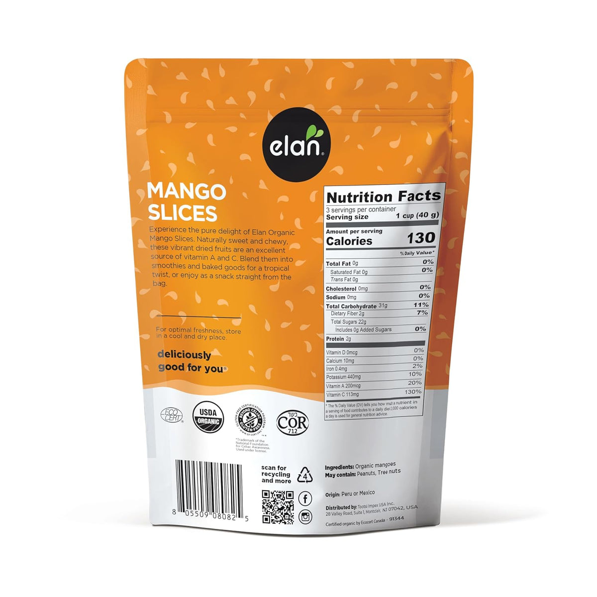Elan Organic Dried Mango Slices, 4.4 oz, Sulphite-free, No Sugar Added, Non-GMO, Vegan, Gluten-Free, Kosher, Healthy Dried Fruit Snacks