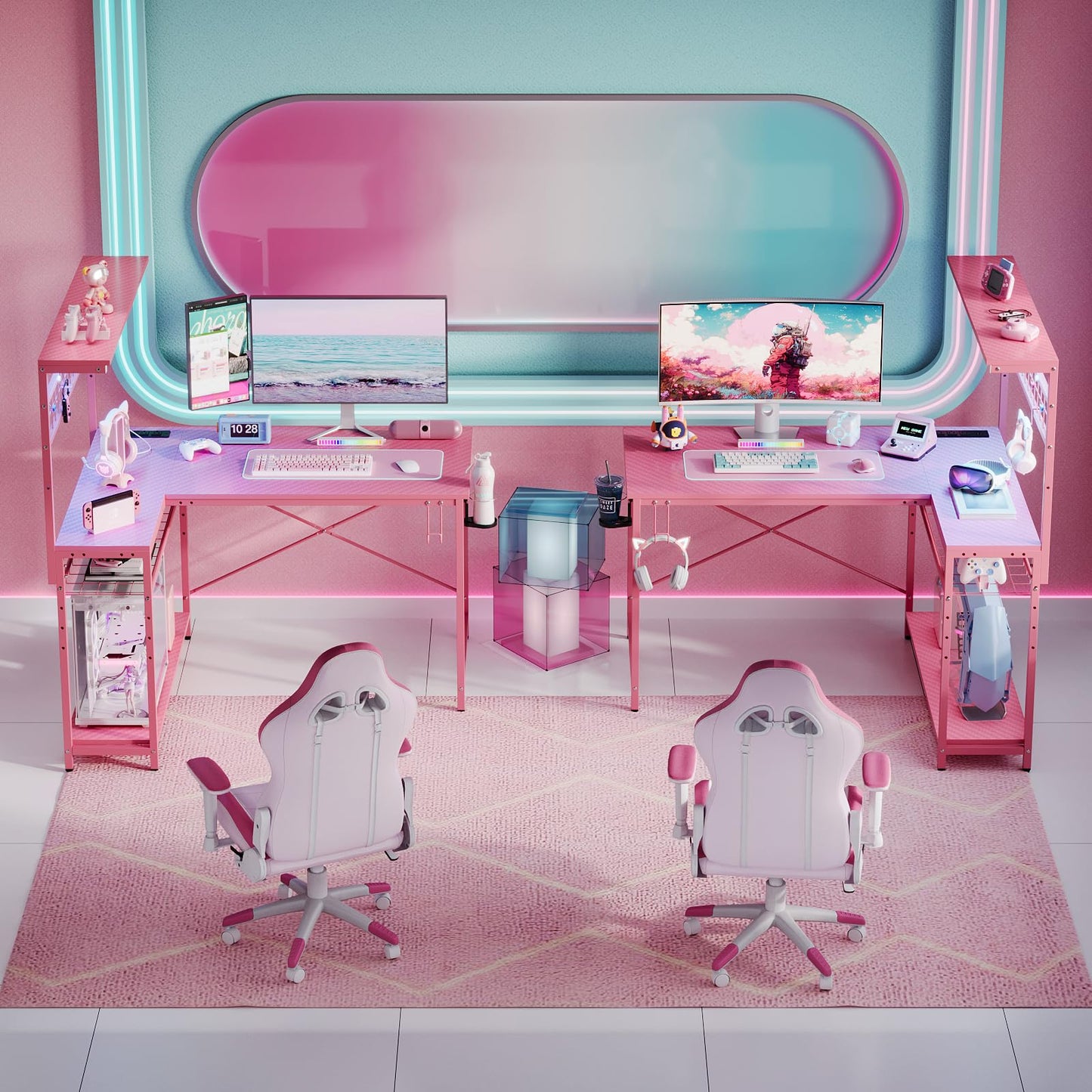 Bestier 42 L Gaming Desk,Computer Desk with Power Outlets, LED Lights, Reversible Corner Desk with 4-Tier Shelves,Cup Holder & Hook Carbon Fiber Pink