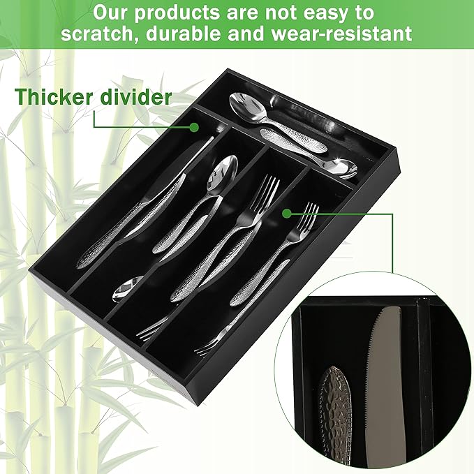 Greenual 2 Pack Black Silverware Organizer 10 In Utensil Organizer Silverware Tray for Drawer Cutlery Flatware Organizer for Kitchen Bamboo Wood