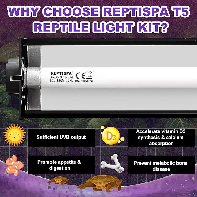 T5 HO UVB Lighting Combo Kit, 24W Reptile Light Fixture with Fluorescent Light Bulbs, Tropical 5.0 UVB Light for Reptiles and Amphibians, Basking Light for Bearded Dragon, High Output Natural Light