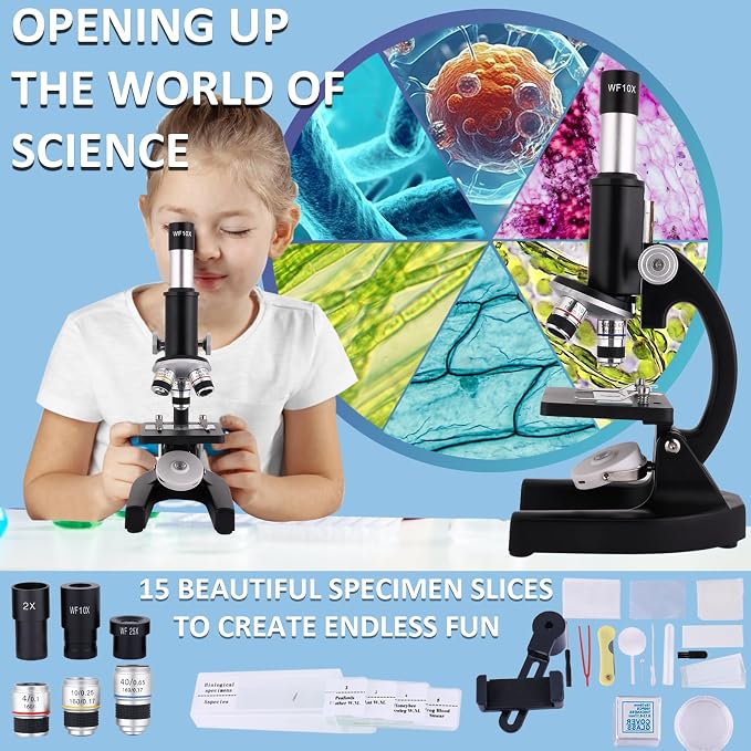 Microscope 40X-2500X Magnification with 4.3-inch Display, Wide-Angle 10X and 25X eyepieces, and Built-in 5-megapixel Camera for School Labs, Animal Husbandry (Black)