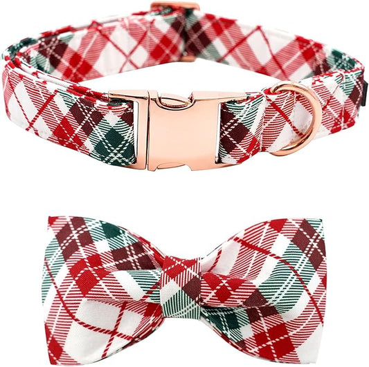 Dog Collar, Christmas Dog Collar Plaid Pet Collar Bow Holiday Bows Girl Boy Puppy Collar Adjustable Pet Collar for Medium Dogs