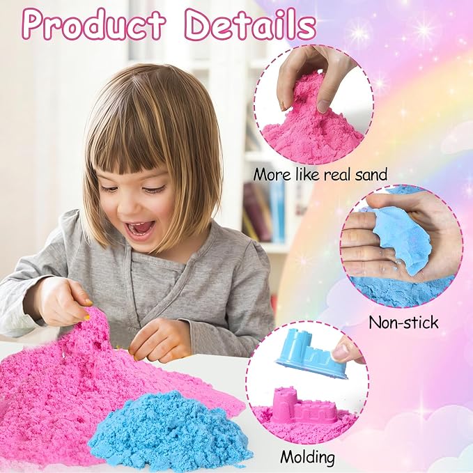 Sensory Bins, 48Pcs Unicorn Sandbox with Cover Play Sand Art Kits | Toddlers Sensory Sand Box Toys with Magic Sand, Unicorns, Mermaid, Cleaning Tools, Birthday Gifts for Kids Age 3 4 5 6 7 8