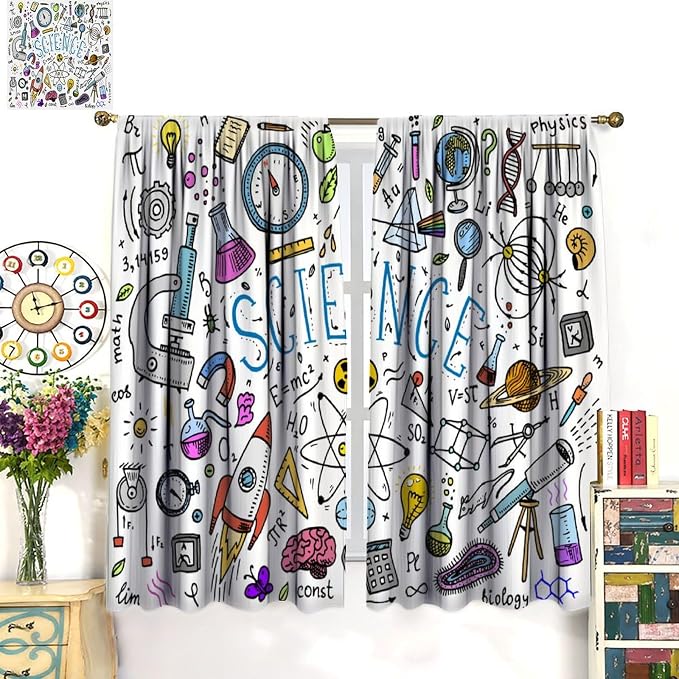 Science Symbols Kids Curtain Sketches Cartoon Chemistry Physics Geometry Education Pattern Print Window Drapes for Bedroom Living Room Kitchen Decor,2 Panel Set,84x84 Inch Blackout