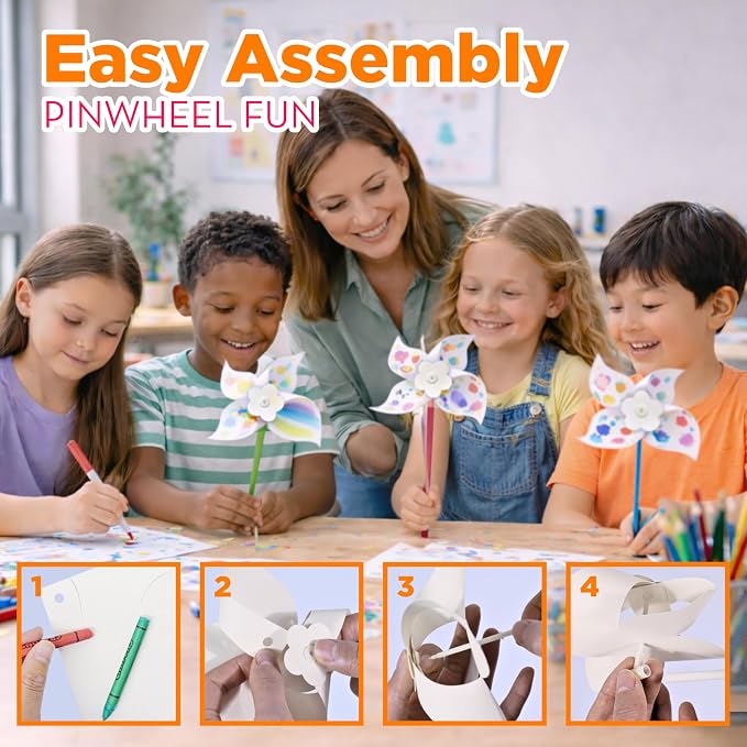 4E's Novelty DIY Pinwheels Craft for Kids (100 Pack) Color Your Own White Pinwheels, Bulk Summer Spring Craft Kit for Boys & Girls, Arts and Craft Party Activity, Easter Craft for Kids Bulk
