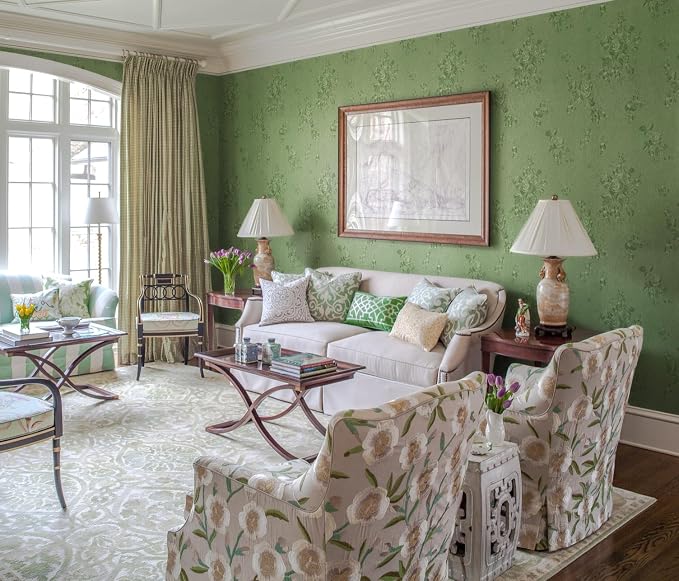 Erfoni 197"x17.7" Green Thicken Floral Embossed Wall Paper Pure Green Peel and
