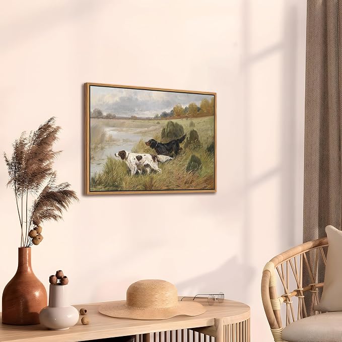 Floating Framed Vintage Hunting Dog Wall Art, Classic Countryside Landscape