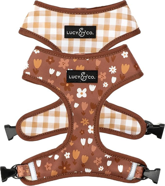 Lucy & Co. Cute Reversible Dog Harness Walking Halter - Best Designer Pet Harnesses for XS - XL Dogs - Padded Adjustable Vest for Easy Walking (Large, Chocolate Meadows - Brown & White Floral)