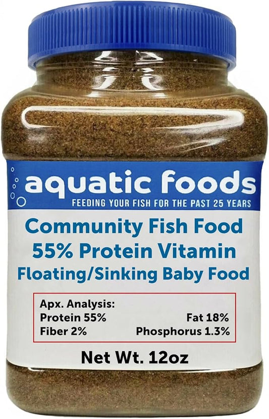 Aquatic Foods Inc. Community Tropical Fish Food, 55% Protein Vitamin Rich Floating/Slow Sinking Granulars for Tetras, Guppies, Cichlids, Live Bearers, Pond Fish All Tropical Fish - 12oz Small Jar