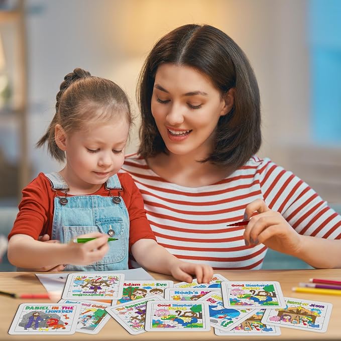 Cinrobiye 24 PCS Bible Story Jigsaw Puzzle Craft Kit, Religious Coloring Puzzle Set with Pens, DIY Christian Church Activity for VBS Sunday School Group Crafts, Faith-Based Party Favors Supplies