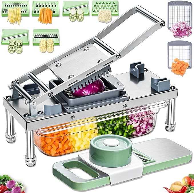 Stainless steel Vegetable Chopper, Veggie Chopper With 8 Blades, Onion Dicer with Container, Food Cutter & Grater Mandoline Slicer