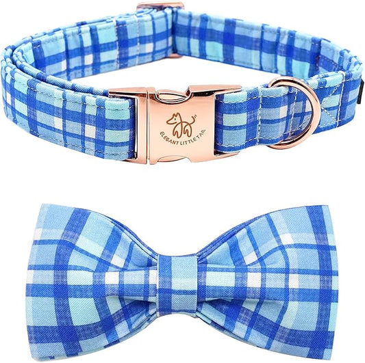 Elegant little tail Dog Collar with Bow - Blue Plaid Boy Dog Collar Cute Bowtie Pet Collar Adjustable Dog Collar for X-Small Puppy and Cat