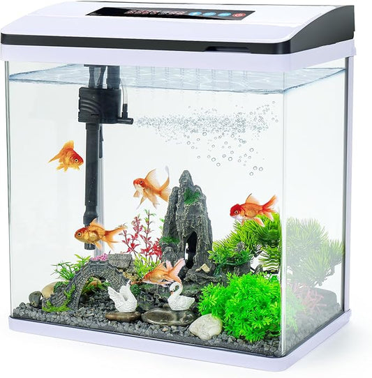 8 Gallon Fish Tank Starter Kit with Eco-Cycle Filtration, 7-Color LED Light & Air Pump. Features 360° Crystal View, Temp/Time Display, Quiet Aquarium Kit for Betta & Freshwater Fish.