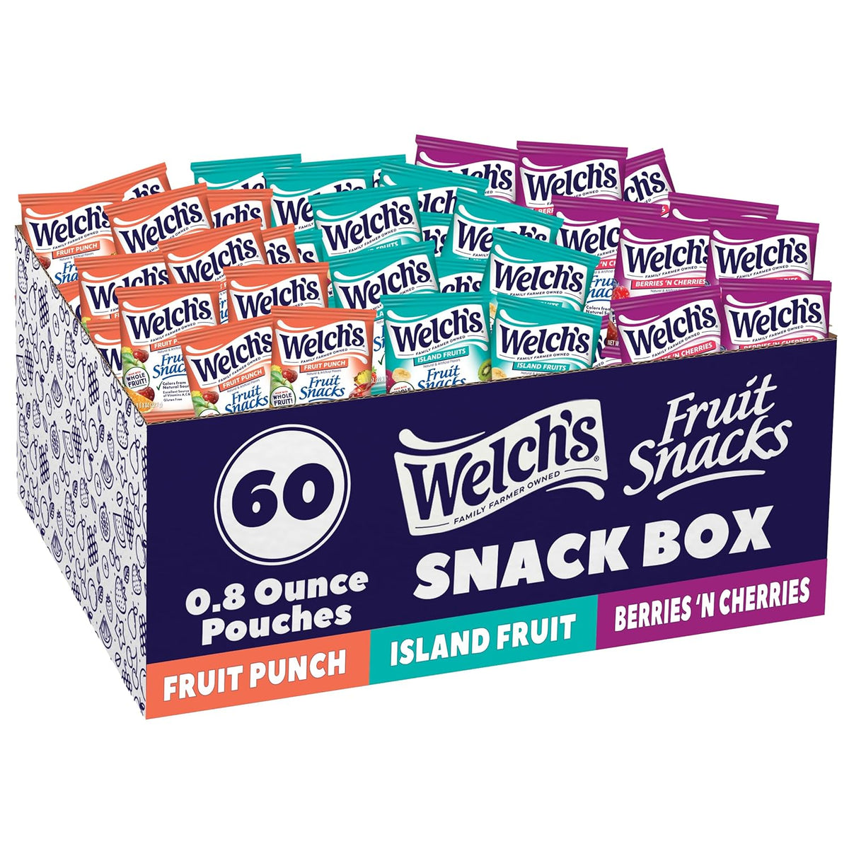 Welch's Fruit Snacks, Fruit Punch, Island Fruits & Berries 'N Cherries Snack Box, Gluten Free, 0.8oz Snack Packs (Pack of 60)