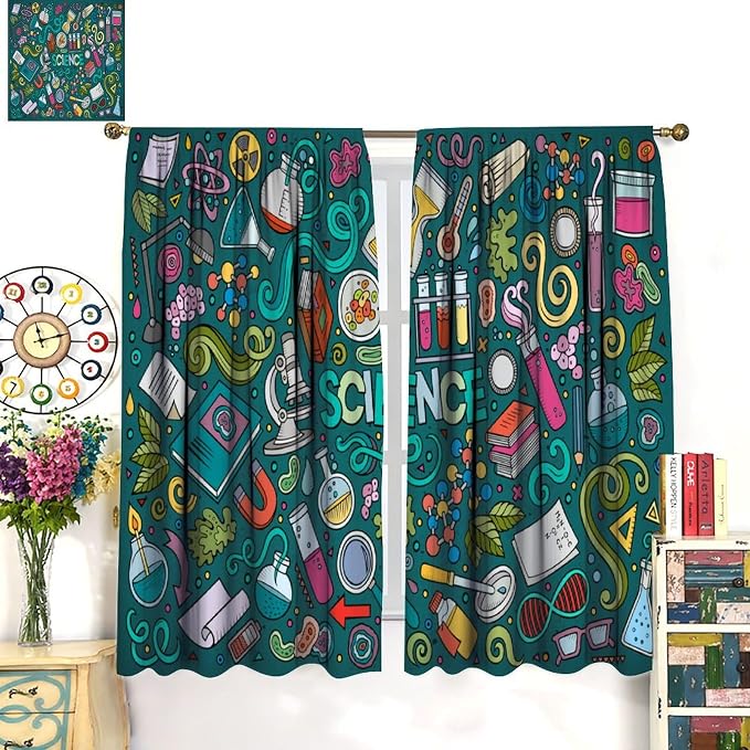 Science Symbols Kids Curtain Sketches Cartoon Chemistry Physics Geometry Education Pattern Print Window Drapes for Bedroom Living Room Kitchen Decor,2 Panel Set,42x45 Inch Blackout