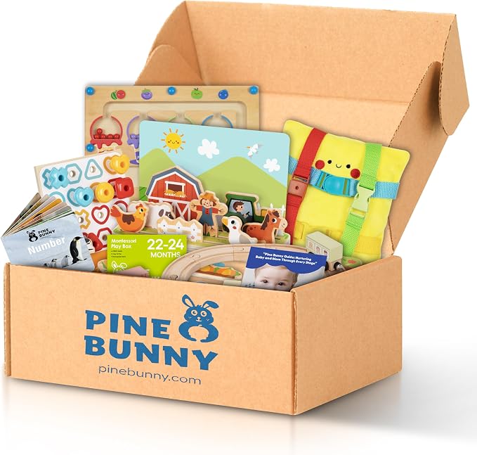Pine Bunny Montessori Wooden and Plush 12-in-1 Toy Set for 22+ Months, Buckle Toy, Magnetic Color Cup Match Pattern Pegs Space and Distance Farm Game Wooden Train Set Educational Learning Toddler Toys