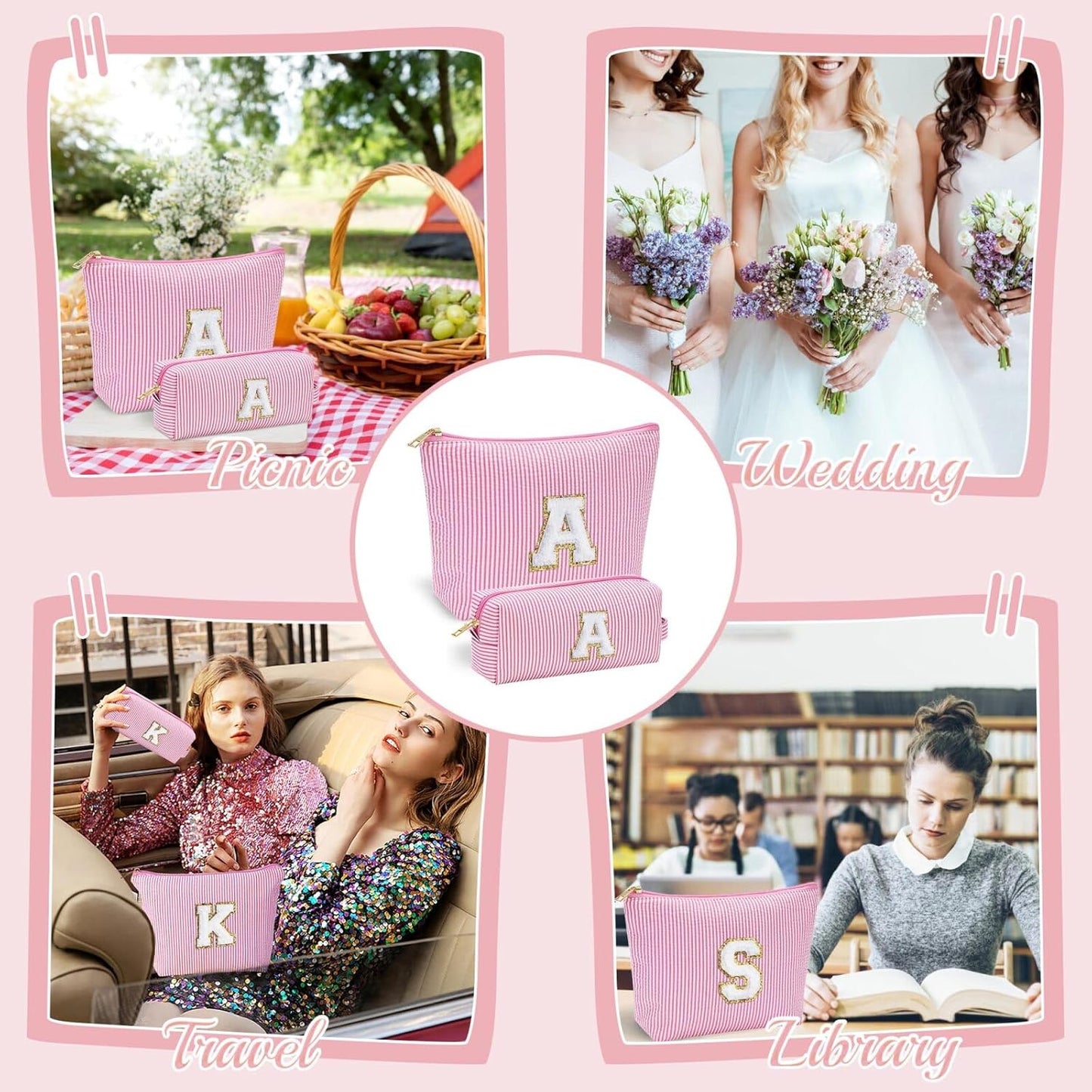 YOOLIFE Makeup Bag for Women, Personalized Initial Cute Makeup Pouch for Girlfriend Bridesmaid Wife | Cosmetic Travel Toiletry Bag for Friend Female Sister | Birthday Gift Idea for Her Mom Pink F