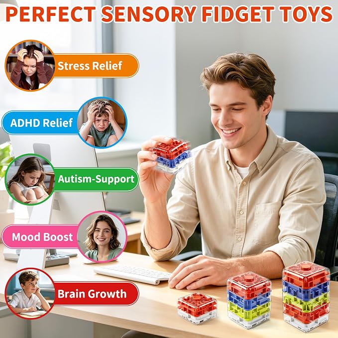 Infowush 2-in-1 Fidget Spinners Maze Cube - Fidget Toys for Kids & Adults | 3x2 Cube, Stress Relief Sensory 3D Brain Teaser Puzzle Cube, Board Game, Travel Toy, Birthday Gift for Boys Girls Ages 3 & Up