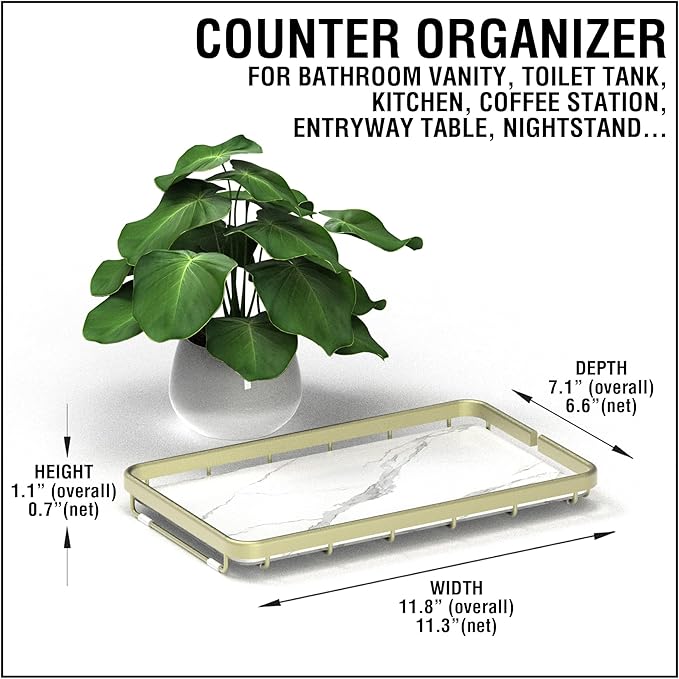 Counter Organizer for Bathroom, Kitchen or Coffee Bar, Metal Shelf with Faux Marble, Vanity Countertop Makeup Storage, Dresser Perfume Display Rack, Toilet Tank Tray (Matte Black, 1-Tier)