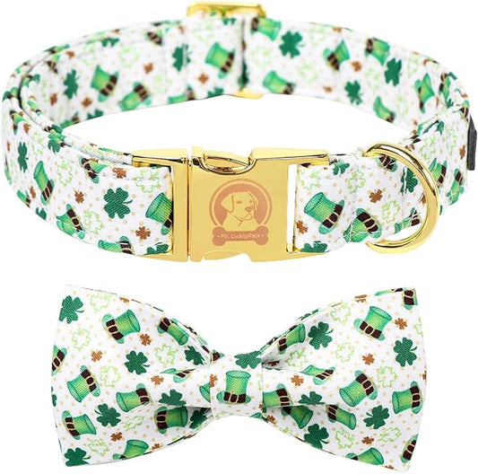 MR. CHUBBYFACE St.Patrick's Clover Dog Collar with Bowtie, Green Clovers Shamrock Pattern Metal Buckle Dog Collar Adjustable Shamrock Collar for Small Medium Large Dogs