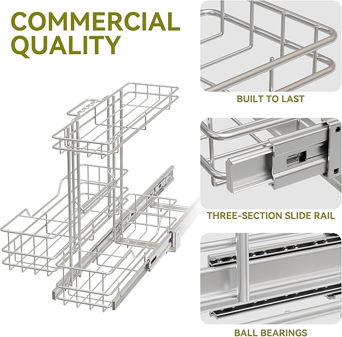 2 Tier Under Sink Organizer 11" W X18 D, Pull Out Cabinet Organizer One Removable Basket, Under Sink Slide Out Chrome Plated, Under Kitchen Bathroom Sink Organizer, 2 Pack