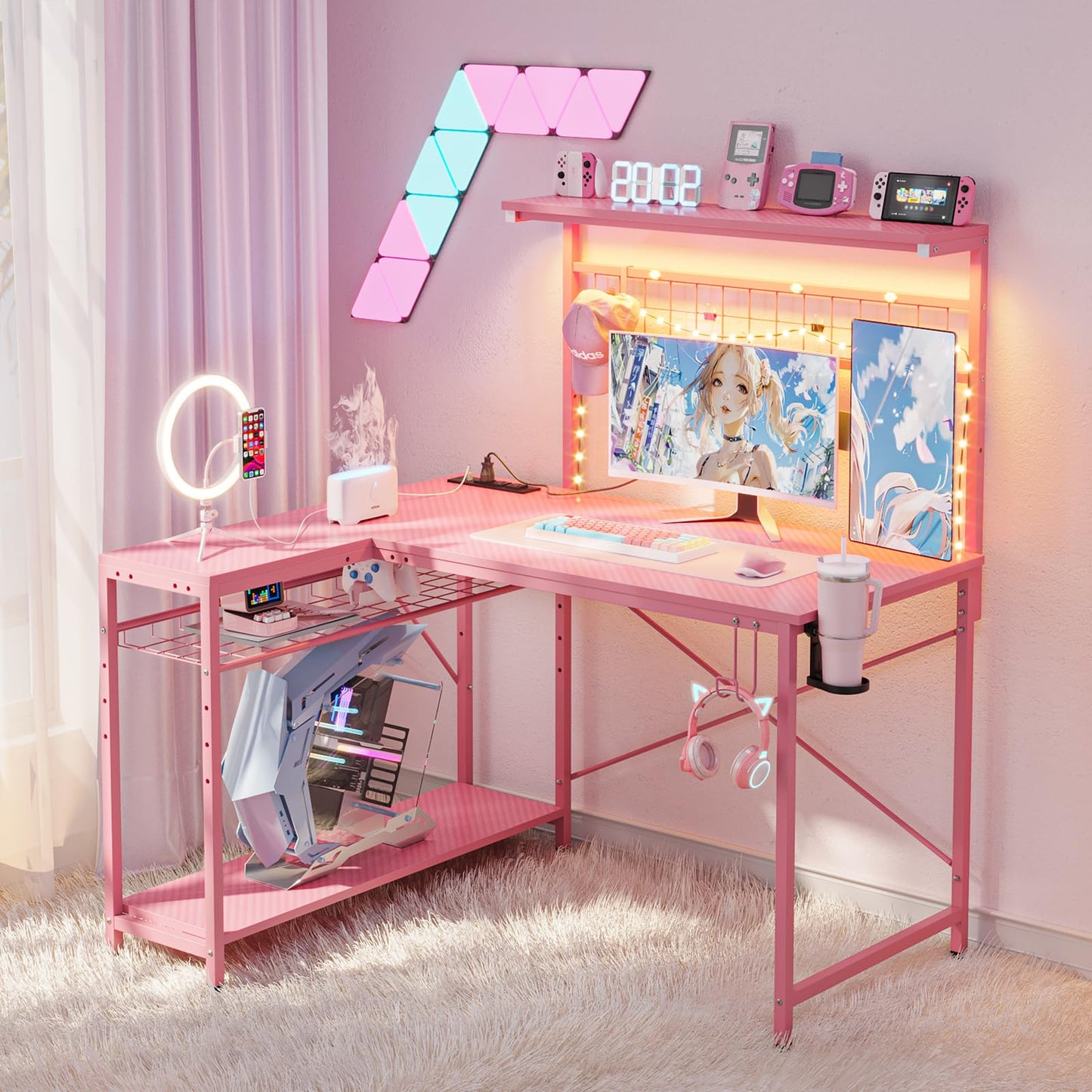 Bestier 42 L Gaming Desk,Computer Desk with Power Outlets, LED Lights, Reversible Corner Desk with 4-Tier Shelves,Cup Holder & Hook Carbon Fiber Pink