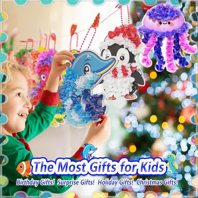 mom&myaboys Mess-Free Poke Art for Kids Ages 4-8 - Ocean Animals Craft Kit (8 Sea Creatures: Jellyfish, Dolphin, Turtle & More) | Beginner Sewing Toys for Toddlers | Creative Gift for Girls and Boys