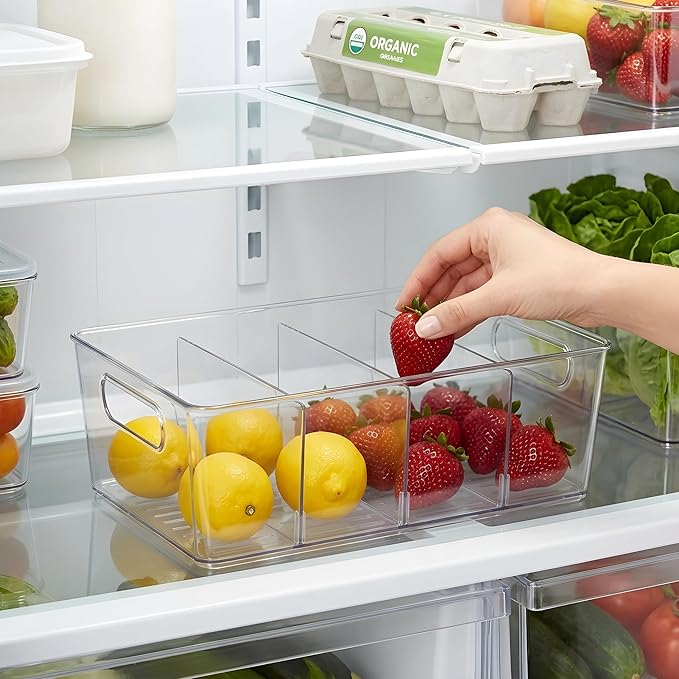 8 Pack Pantry Organizers and Storage, Food Storage Containers with 3 Removable Divider for Kitchen, Fridge, Cabinet Organization, Clear Plastic Storage Bins for Snacks, Spice Packets, Packets, Pouches