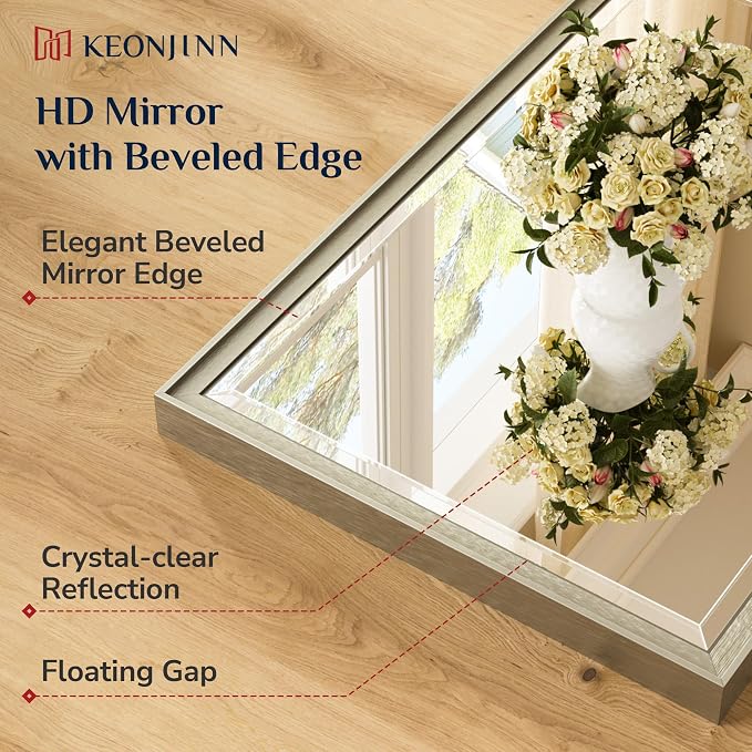 Keonjinn 40" x 30" Brushed Nickel Bathroom Vanity Mirror, Beveled Tempered Glass
