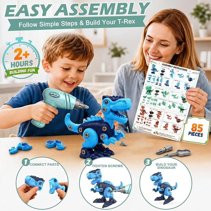 Take-Apart Dinosaur Toys for Boy 4-6: 85 Piece 3 Pack Dino & Electric Drill | Easy-to-Use Construction Building Set for Little Hands - STEM Educational Toy & Gifts for Kids Birthday Christmas
