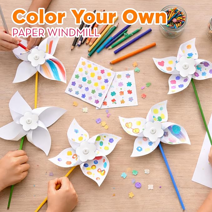 4E's Novelty DIY Pinwheels Craft for Kids (100 Pack) Color Your Own White Pinwheels, Bulk Summer Spring Craft Kit for Boys & Girls, Arts and Craft Party Activity, Easter Craft for Kids Bulk