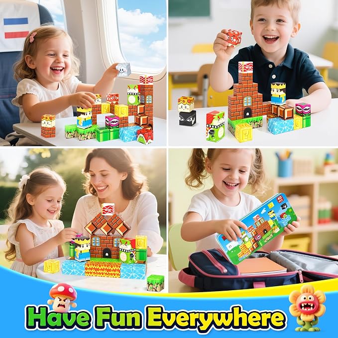 Soyee Magnetic Blocks Travel Toys with Portable Metal Tin - STEM Magnet Building Blocks Toddler Kids Toys for 3 4 5 6 7 8 Year Old Boys & Girls Xmas Birthday Gifts Stocking Stuffers Party Favor
