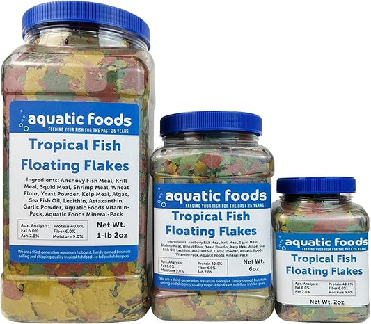 Aquatic Foods Inc. Premium Tropical Fish Flakes, Mix of Krill, Color Enhancing, Spirulina Flakes for Cichlids, Angels, Goldfish, All Tropical Fish Also Pellet Mix, Wafer Mix Included…1-lb 2oz