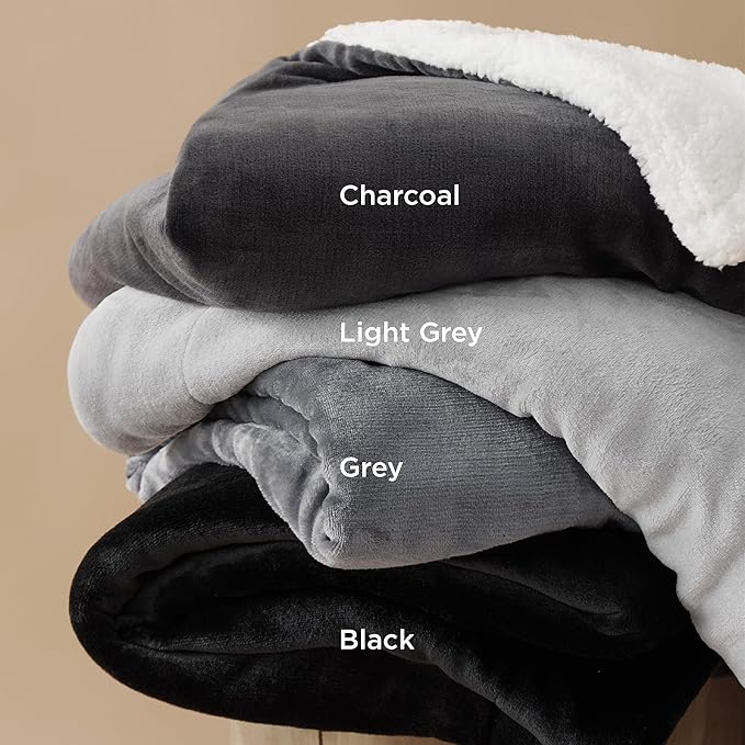 Bedsure Sherpa Fleece Blankets Queen Size for Bed - Thick and Warm, Soft Fuzzy Plush Queen Blanket for Winter, Light Grey, 90x90 Inches