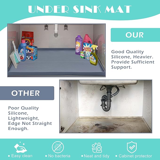 URMONA Waterproof Silicone Under Sink Mat 22'' x 19'' Shelf Liner for Kitchen and Bathroom, Cabinet and Counter Protector, Storage and Organizers, Litter Mat, Pet Cat Puppy Essentials(Brown)
