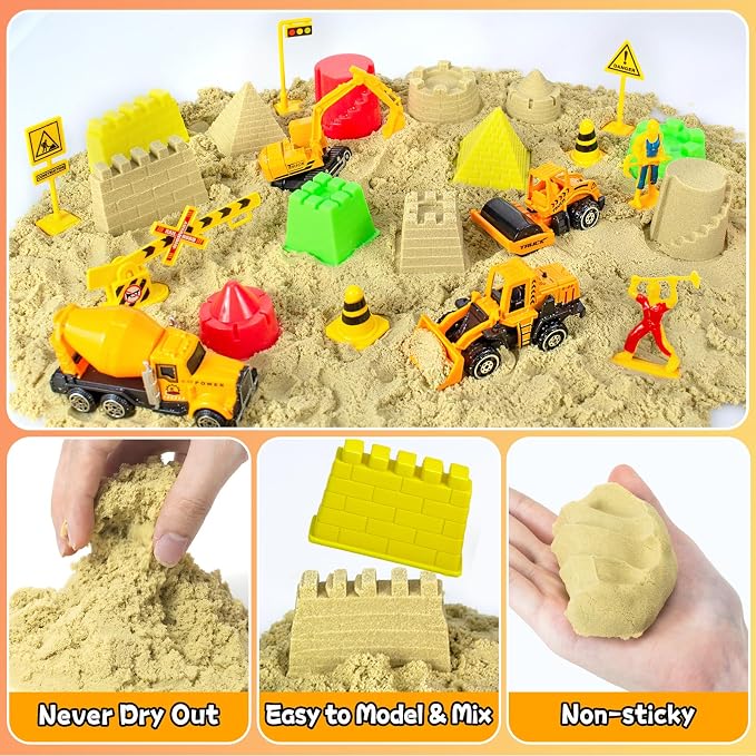 Sensory Bin, Construction Sensory Sandbox Kids Play Sand Art Kits | with 2.2lbs Magic Sand, Molds, Shovel, 6Pcs Diecast Construction Vehicles, Crane- Sand Box with Lid for Toddlers Boys Age 3-8