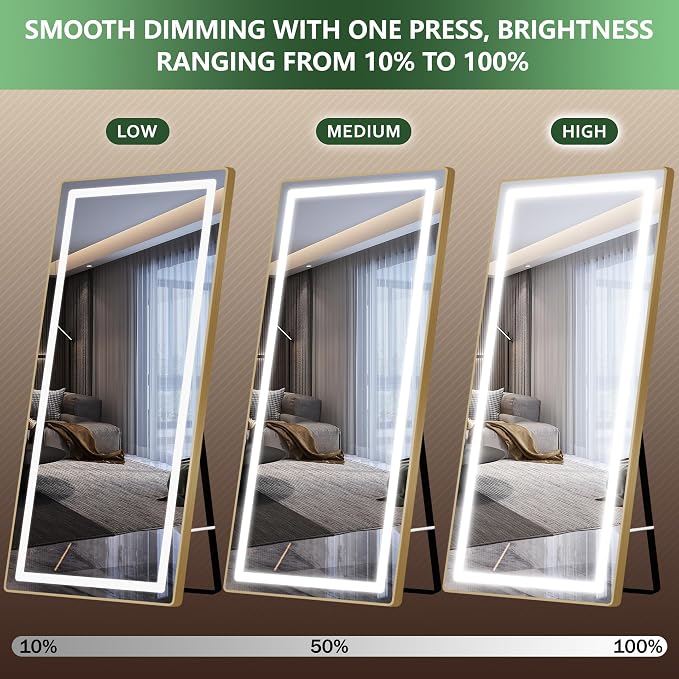 FENNIO Full Length Mirror with Lights, Free Standing Lighted Floor Mirror