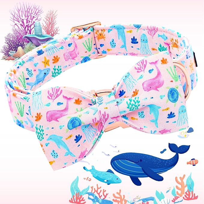 Lionheart glory Dog Bow Collar Sea Animals Print Pink Dog Collar for Small Dogs,Female Male Dog Collars with Bowtie Spring Summer Collars Soft Adjustable Pet Collar Bows