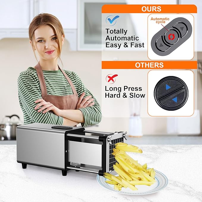 SIXRARI Electric French Fry Cutter, 1/2 & 3/8 Inch Interchangeable Stainless Steel Blades Automatic Potato Cutter, Commercial & Household Potato Slicer, Use for Potatoes Onion Cucumbers