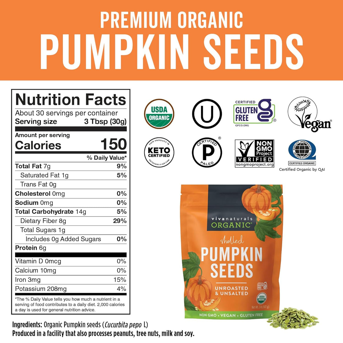 Viva Naturals Organic Pumpkin Seeds, 2 lb (32 oz, 907 g) – Shelled, Unroasted, Unsalted, Non-GMO, Vegan, Good Source of Iron & Dietary Fiber, Perfect for Salads
