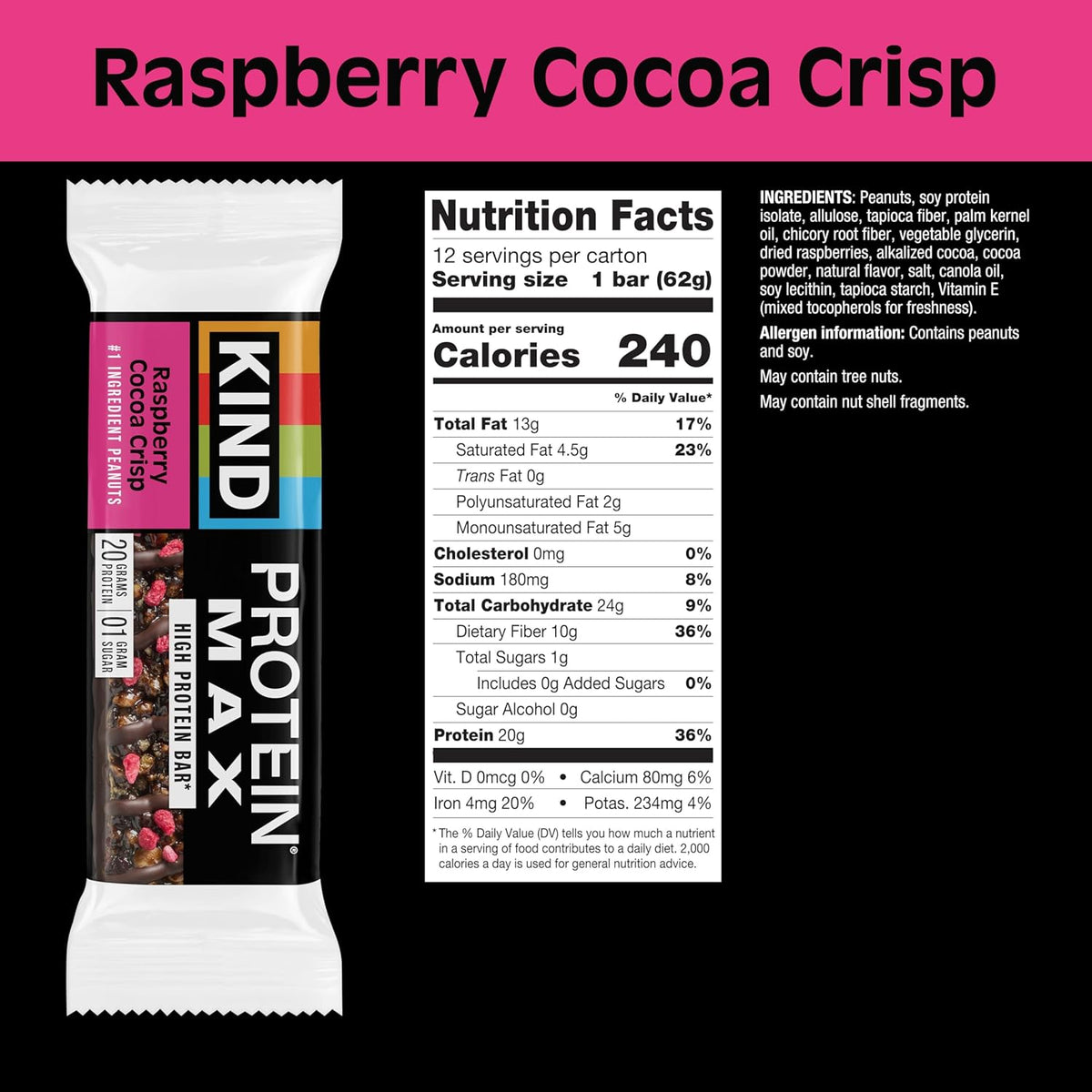 KIND Protein MAX Bars Variety Pack, Gluten Free, Low Sugar, High Fiber Snacks, Crispy Chocolate Peanut Butter, Sweet & Salty Caramel Peanut, Raspberry Cocoa, Dark Chocolate, 20g Protein, 12 Count