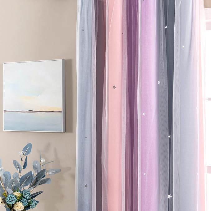XiDi Curtains for Bedroom Decor, Rainbow GreyPinkPu-52-54