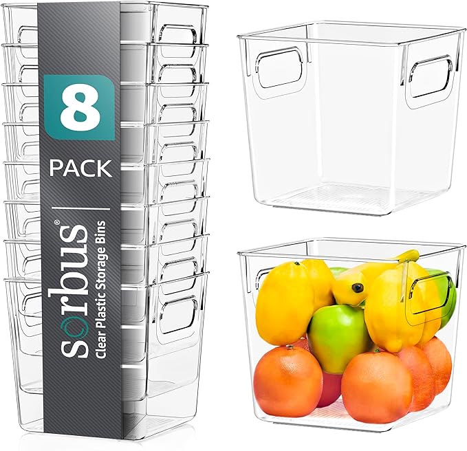 Sorbus Small Clear Plastic Storage Bins for Shelves, Clothes, with Handle - Clear Storage Bins, Drawer, Shelf, Closet, Pantry, Fridge, Freezer Organizer Bins, Closet Organizers and Storage (8 pack)